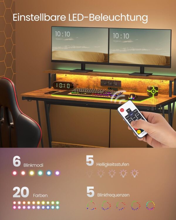 VASAGLE Gaming‑Schreibtisch mit Steckdosenleiste & 2‑Monitor‑Ständer, vintagebraun 55×135×76 cm