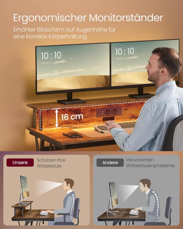 VASAGLE Gaming‑Schreibtisch mit Steckdosenleiste & 2‑Monitor‑Ständer, vintagebraun 55×135×76 cm