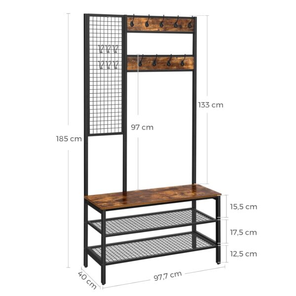 VASAGLE Garderobenständer 185 cm, 9 Kleiderhaken & Schuhregal, Gitterwand