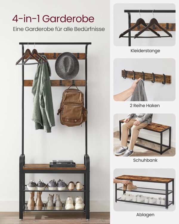 VASAGLE Garderobenständer 4‑in‑1 mit 9 abnehmbaren Haken – Industrie‑Design
