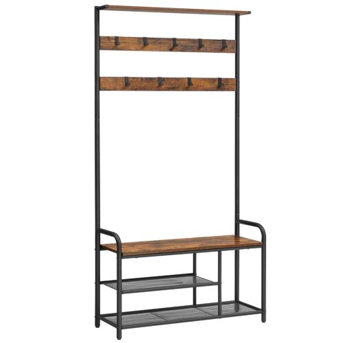 VASAGLE Garderobenständer 9 Haken, Schuhbank & Ablage, 30 x 85 x 180 cm, Industrie‑Design