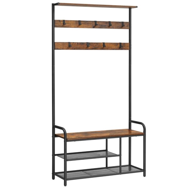 VASAGLE Garderobenständer 9 Haken, Schuhbank & Ablage, 30 x 85 x 180 cm, Industrie‑Design