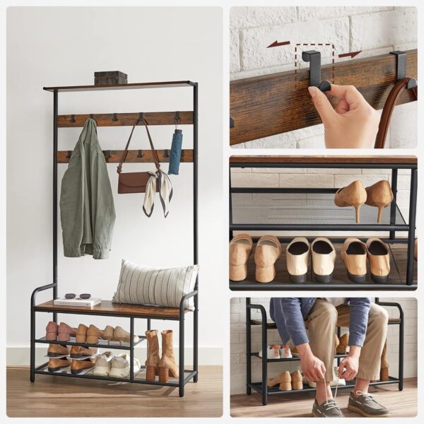 VASAGLE Garderobenständer 9 Haken, Schuhbank & Ablage, 30 x 85 x 180 cm, Industrie‑Design