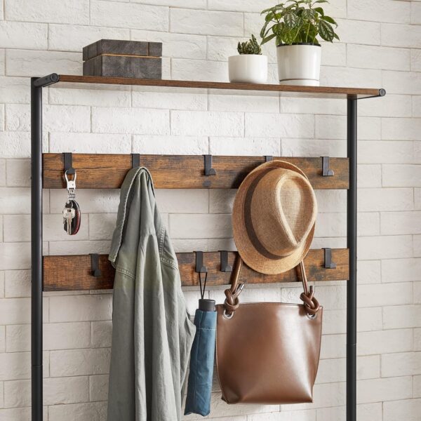 VASAGLE Garderobenständer 9 Haken, Schuhbank & Ablage, 30 x 85 x 180 cm, Industrie‑Design