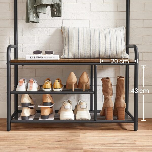 VASAGLE Garderobenständer 9 Haken, Schuhbank & Ablage, 30 x 85 x 180 cm, Industrie‑Design