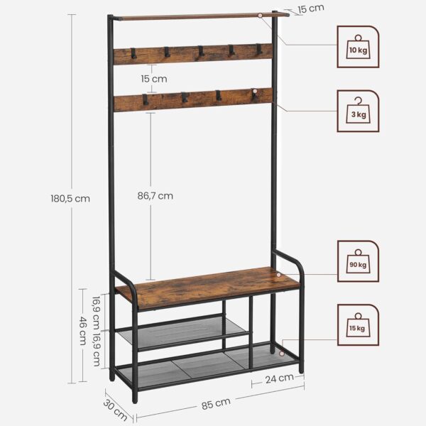 VASAGLE Garderobenständer 9 Haken, Schuhbank & Ablage, 30 x 85 x 180 cm, Industrie‑Design