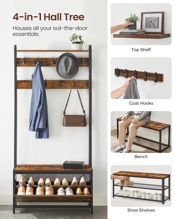 VASAGLE Garderobenständer mit Sitzbank, 9 Haken & Schuhschrank, industrielles Design