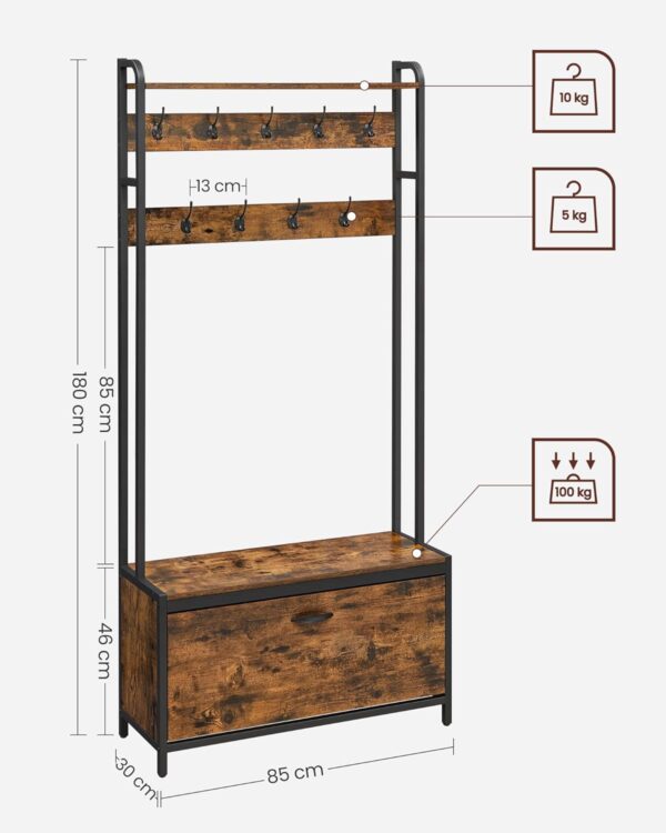 VASAGLE Garderobenständer mit Sitzbank, 9 Haken & Schuhschrank, industrielles Design