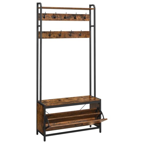 VASAGLE Garderobenständer mit Sitzbank, 9 Haken & Schuhschrank, industrielles Design