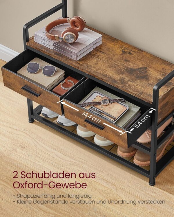 VASAGLE Garderobenständer Schuhbank, 2 Stoffschubladen, 16 Haken, vintagebraun