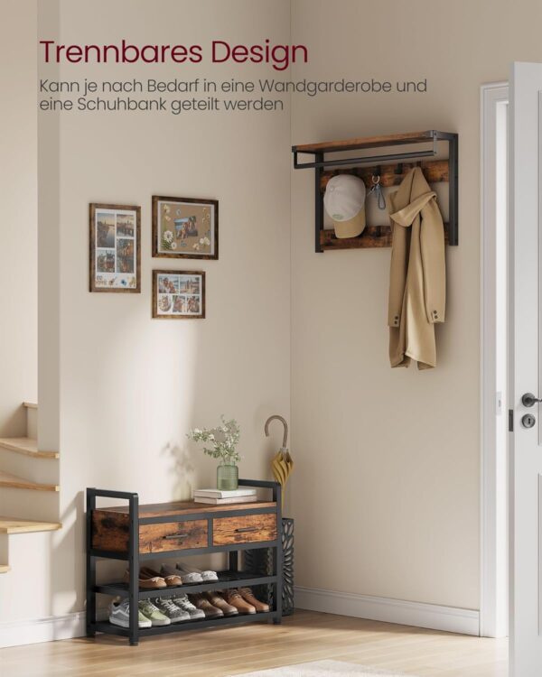VASAGLE Garderobenständer Schuhbank, 2 Stoffschubladen, 16 Haken, vintagebraun