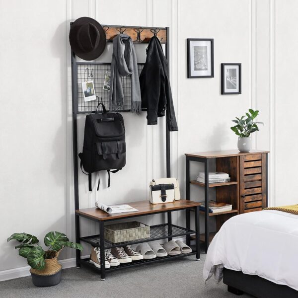 VASAGLE Garderobenständer Sitzbank, 9 Haken, Schuhregal & Memo‑Board