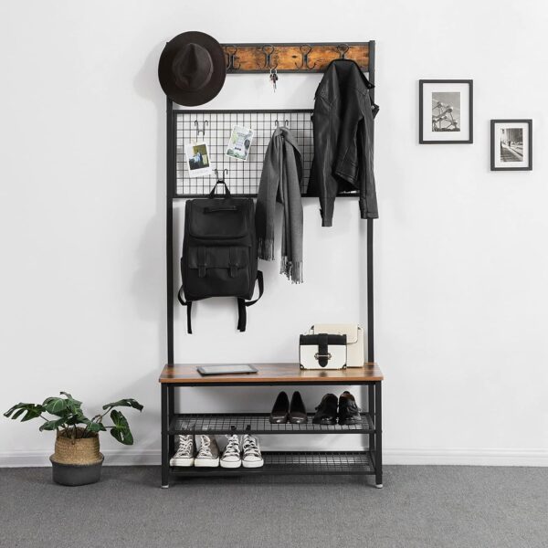 VASAGLE Garderobenständer Sitzbank, 9 Haken, Schuhregal & Memo‑Board