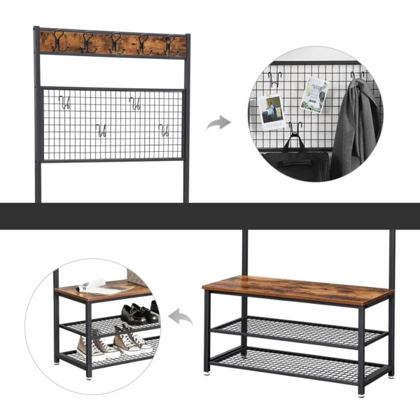 VASAGLE Garderobenständer Sitzbank, 9 Haken, Schuhregal & Memo‑Board