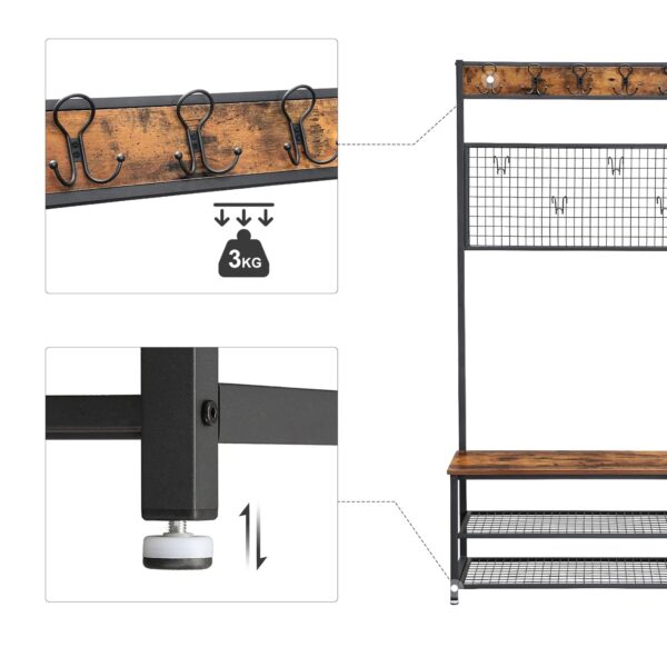 VASAGLE Garderobenständer Sitzbank, 9 Haken, Schuhregal & Memo‑Board