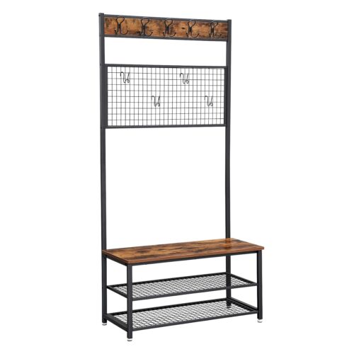 VASAGLE Garderobenständer Sitzbank, 9 Haken, Schuhregal & Memo‑Board