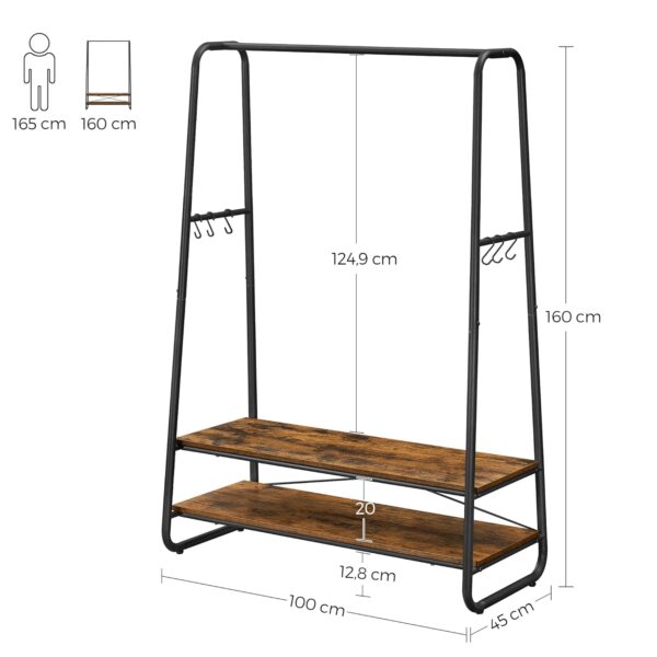 VASAGLE Kleiderständer 2 Ablagen, 6 S‑Form Haken, Stahlgestell 45x100x160 cm