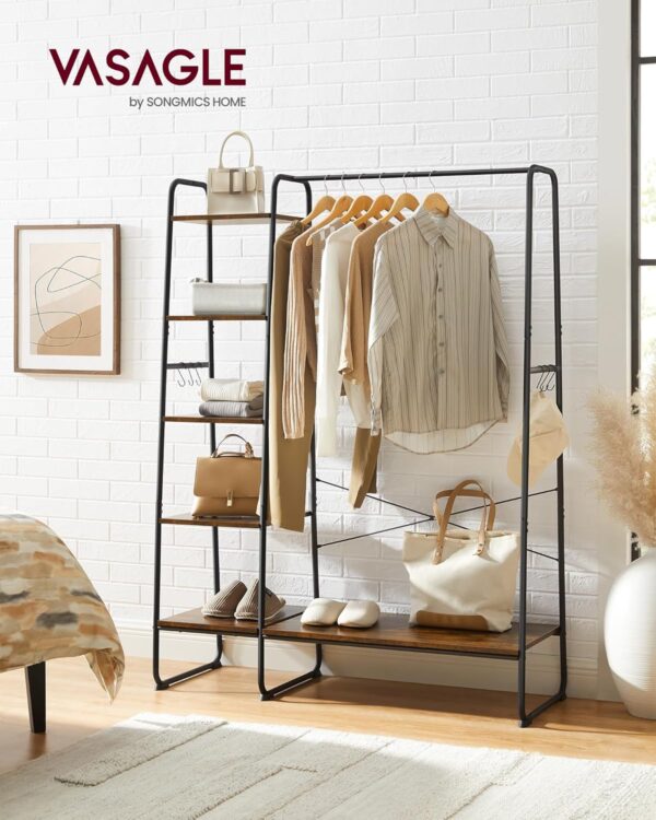 VASAGLE Kleiderständer Garderobe 45×120×160 cm mit Kleiderstange, Schuhablage & 6 abnehmbaren Haken