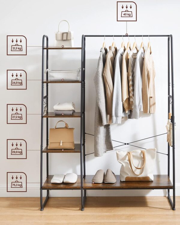 VASAGLE Kleiderständer Garderobe 45×120×160 cm mit Kleiderstange, Schuhablage & 6 abnehmbaren Haken