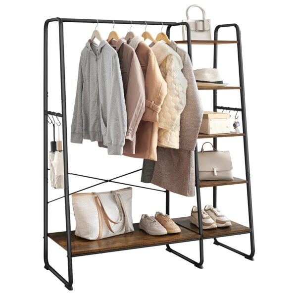 VASAGLE Kleiderständer Garderobe 45×120×160 cm mit Kleiderstange, Schuhablage & 6 abnehmbaren Haken