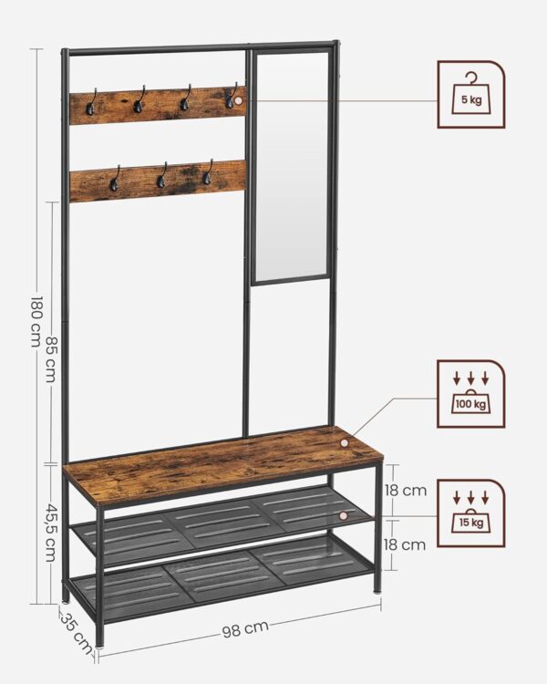VASAGLE Kleiderständer mit Spiegel, Sitzbank & Haken – Industrie‑Design