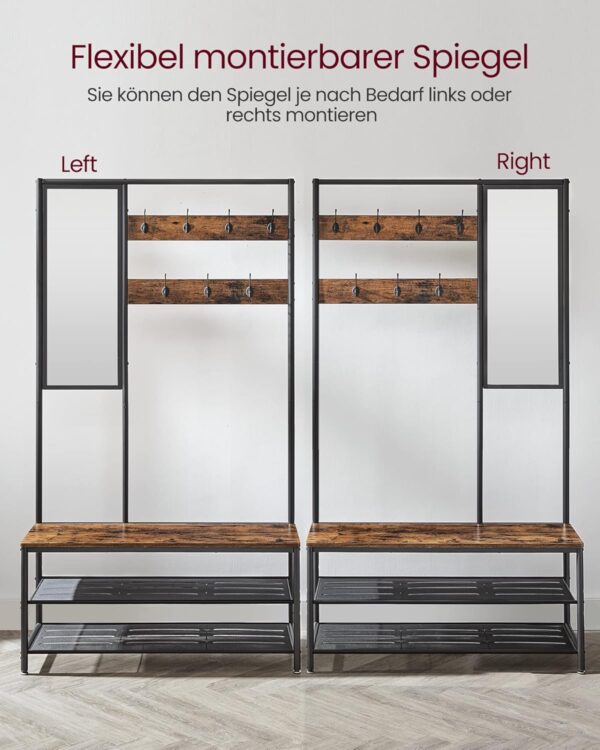 VASAGLE Kleiderständer mit Spiegel, Sitzbank & Haken – Industrie‑Design