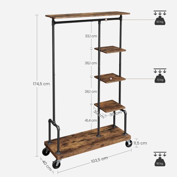 VASAGLE Kleiderständer Rollen 5 Ablagen Industrie‑Design Vintage Braun/Schwarz
