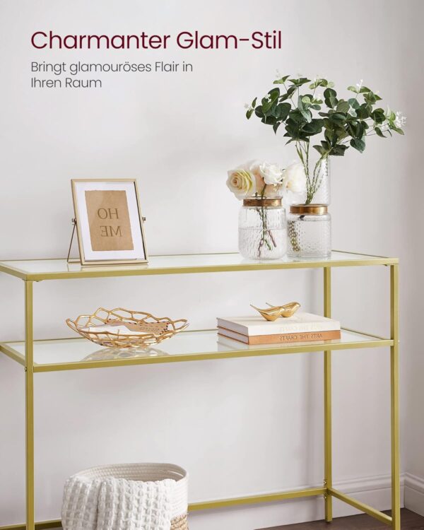 VASAGLE Konsolentisch Hartglas, gold‑transparent, verstellbare Füße
