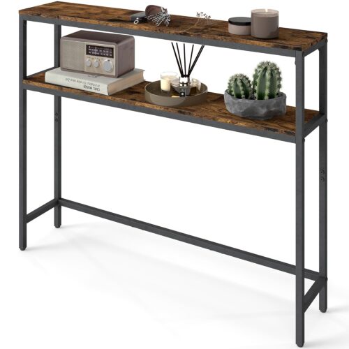VASAGLE Konsolentisch schmal 2 Ablagen vintage Braun/Tintenschwarz 20 x 100 x 80 cm