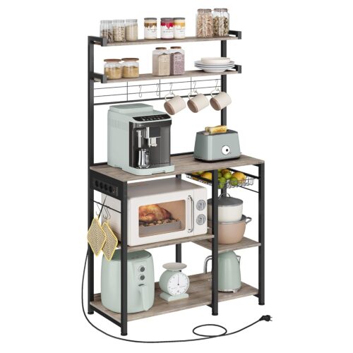 VASAGLE Küchen‑Standregal mit Steckdosen, Kaffeebar, 8 S‑Haken, greige‑schwarz, 40×90×165 cm