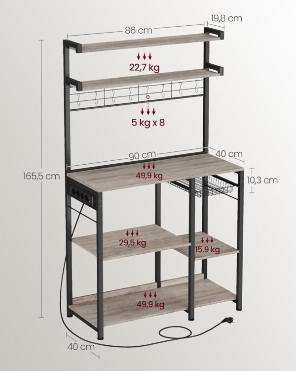 VASAGLE Küchen‑Standregal mit Steckdosen, Kaffeebar, 8 S‑Haken, greige‑schwarz, 40×90×165 cm