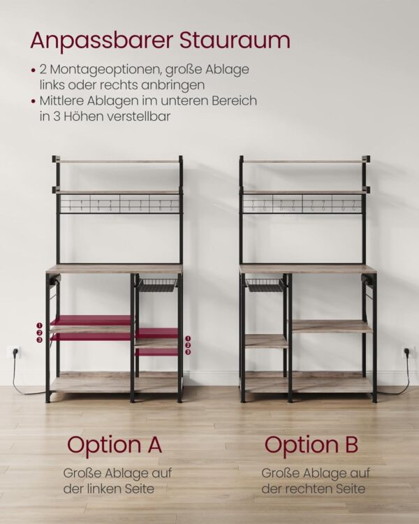 VASAGLE Küchen‑Standregal mit Steckdosen, Kaffeebar, 8 S‑Haken, greige‑schwarz, 40×90×165 cm