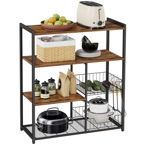 VASAGLE Küchenregal Standregal 2 Metallkörbe mit Haken vintagebraun‑schwarz