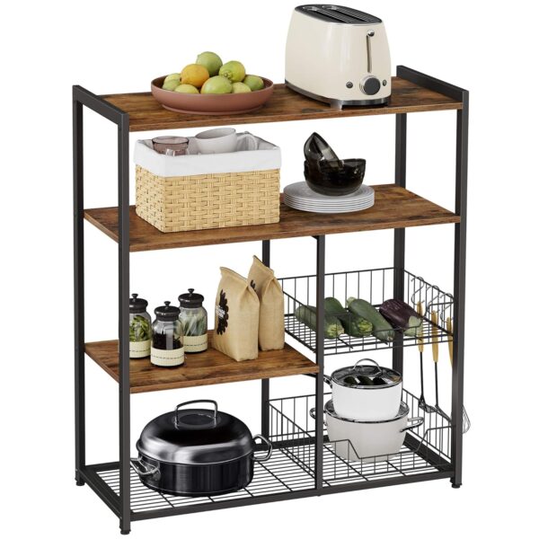 VASAGLE Küchenregal Standregal 2 Metallkörbe mit Haken vintagebraun‑schwarz