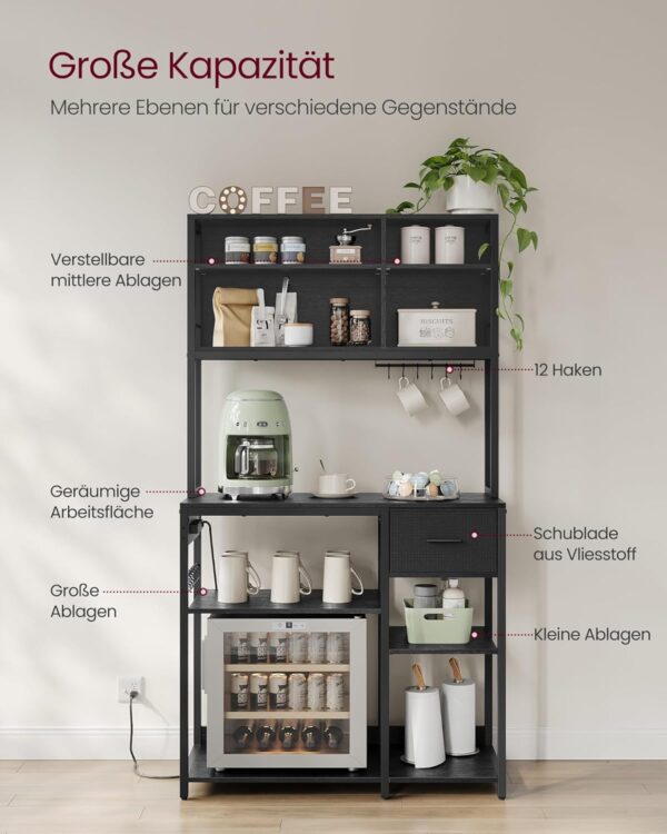 VASAGLE Küchenregal Steckdosen, verstellbare Ablagen, Stoffschublade, anthrazitgrau