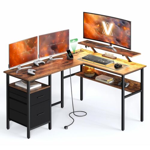 VASAGLE L‑Form Schreibtisch – LED‑Beleuchtung, USB‑& Steckdosen, 150 × 120 cm, Home‑Office