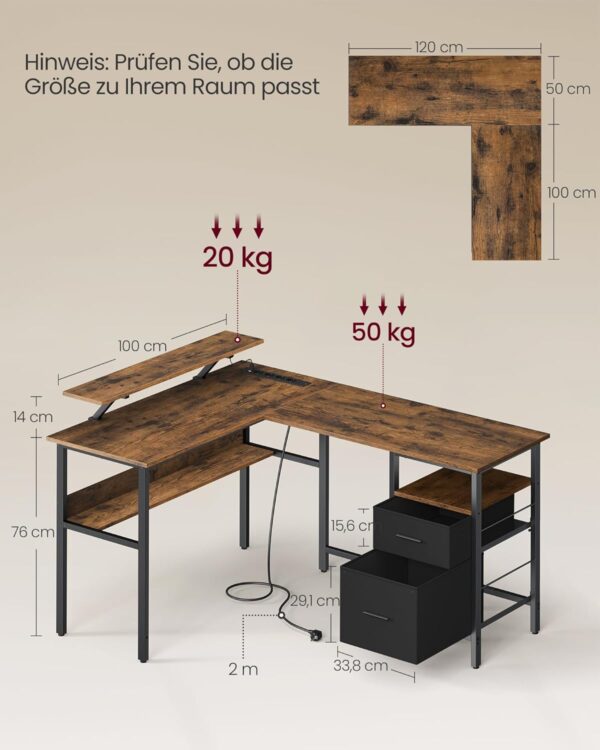VASAGLE L‑Form Schreibtisch – LED‑Beleuchtung, USB‑& Steckdosen, 150 × 120 cm, Home‑Office