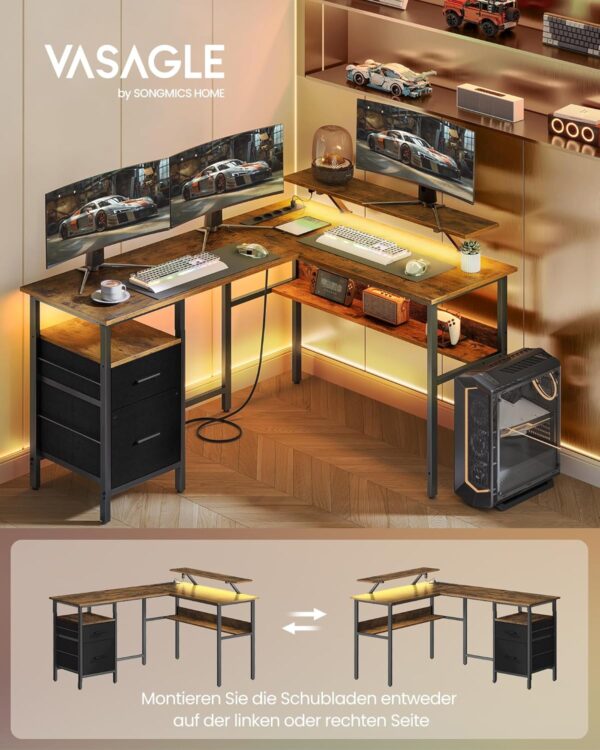 VASAGLE L‑Form Schreibtisch – LED‑Beleuchtung, USB‑& Steckdosen, 150 × 120 cm, Home‑Office