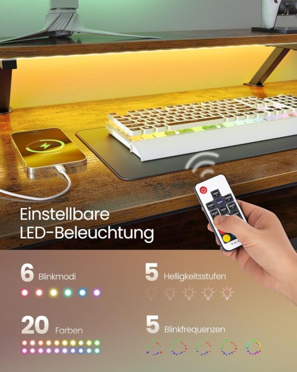 VASAGLE L‑Form Schreibtisch – LED‑Beleuchtung, USB‑& Steckdosen, 150 × 120 cm, Home‑Office