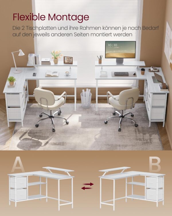 VASAGLE L‑förmiger Eckschreibtisch – 2 Schubladen, Monitorständer, verstellbare Ablage