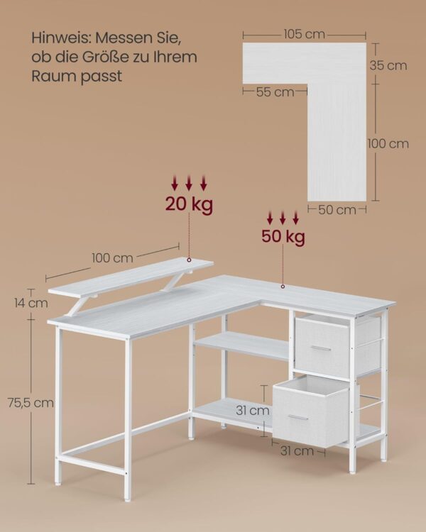 VASAGLE L‑förmiger Eckschreibtisch – 2 Schubladen, Monitorständer, verstellbare Ablage