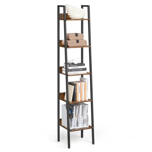VASAGLE Leiterregal 5‑Ebenen, schmales Standregal, Industrie‑Design, Braun/Schwarz