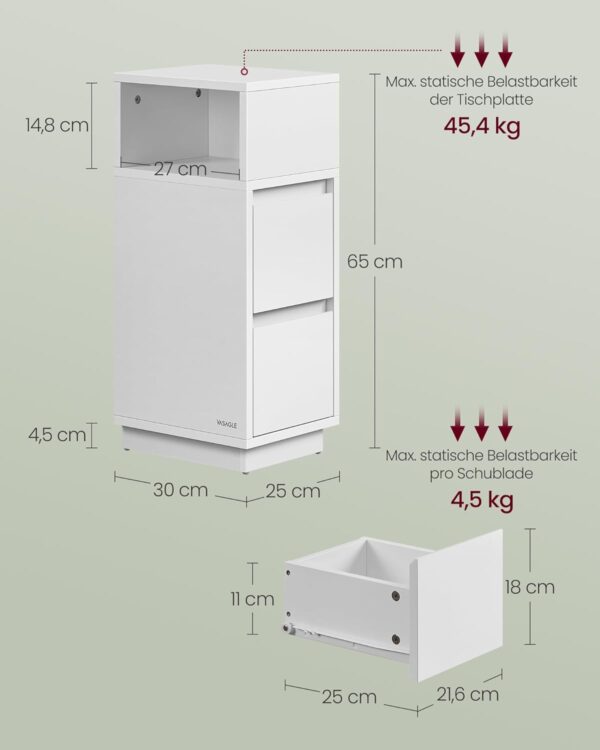 VASAGLE Nachttisch 2‑Schubladen, schmal, flexibles offenes Fach links/rechts, wolkenweiß