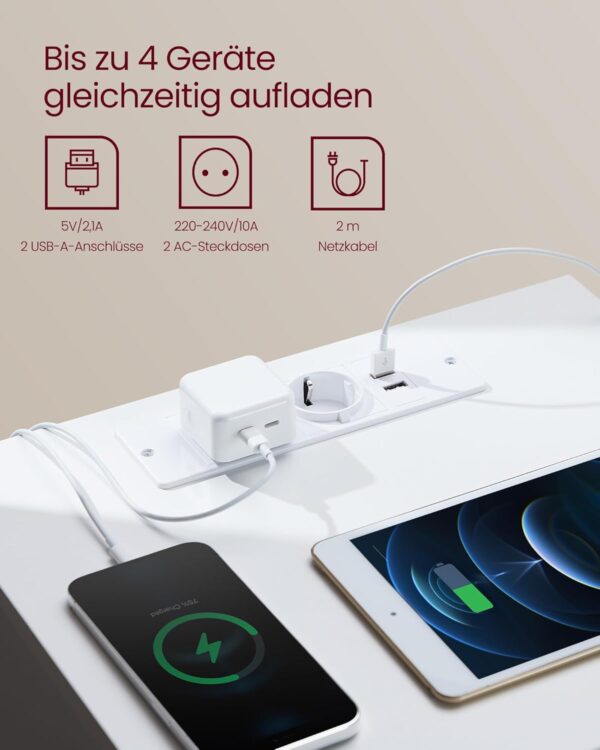 VASAGLE Nachttisch 2er Set – dose + 2 USB‑A, wolkenweiß‑mandelgelb