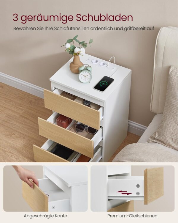VASAGLE Nachttisch 2er Set – dose + 2 USB‑A, wolkenweiß‑mandelgelb