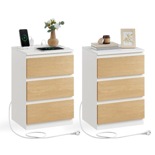 VASAGLE Nachttisch 2er Set – dose + 2 USB‑A, wolkenweiß‑mandelgelb