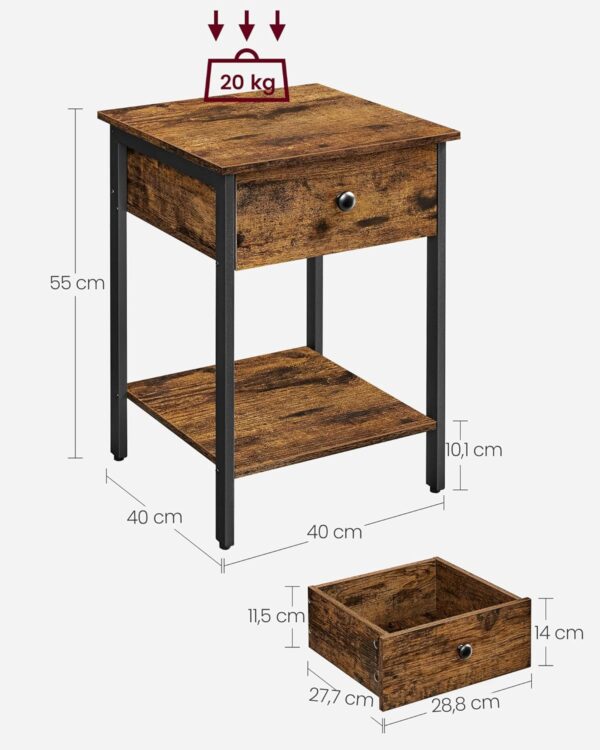 VASAGLE Nachttisch Schublade & Ablage Stahlrahmen Vintagebraun‑Schwarz