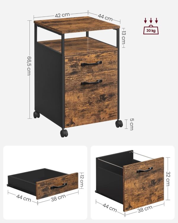 VASAGLE Rollierbarer Aktenschrank 2 Schubladen Rollen offenes Regal rustikal braun