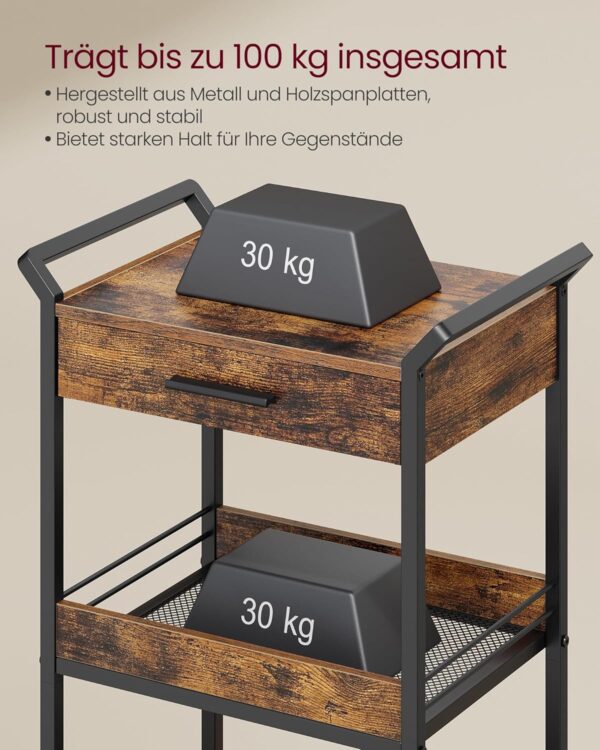 VASAGLE Rollwagen 3‑stufig Holzspanplatte obere Schublade Bremsen
