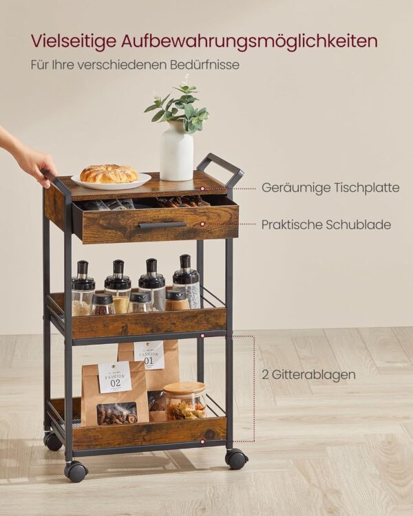 VASAGLE Rollwagen 3‑stufig Holzspanplatte obere Schublade Bremsen
